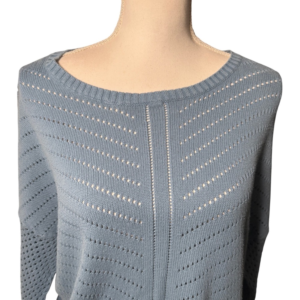 Prana Womens XL Blue Organic Cotton Pointelle Chevron Knit Sweater High Low Hem - Picture 9 of 10